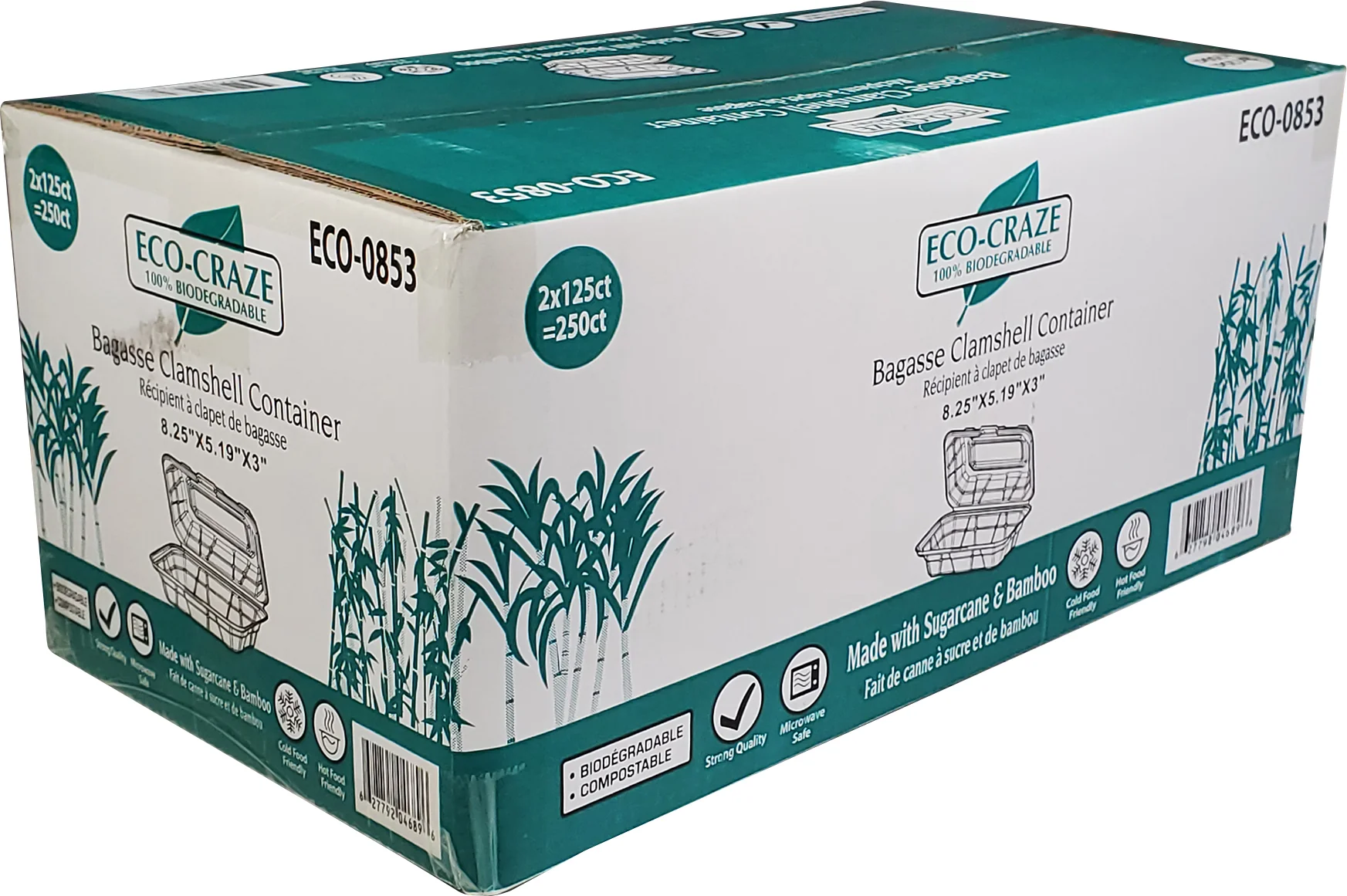 Eco-Craze - 8.25x5.19x3" - Bagasse Clamshell Container - Image 4