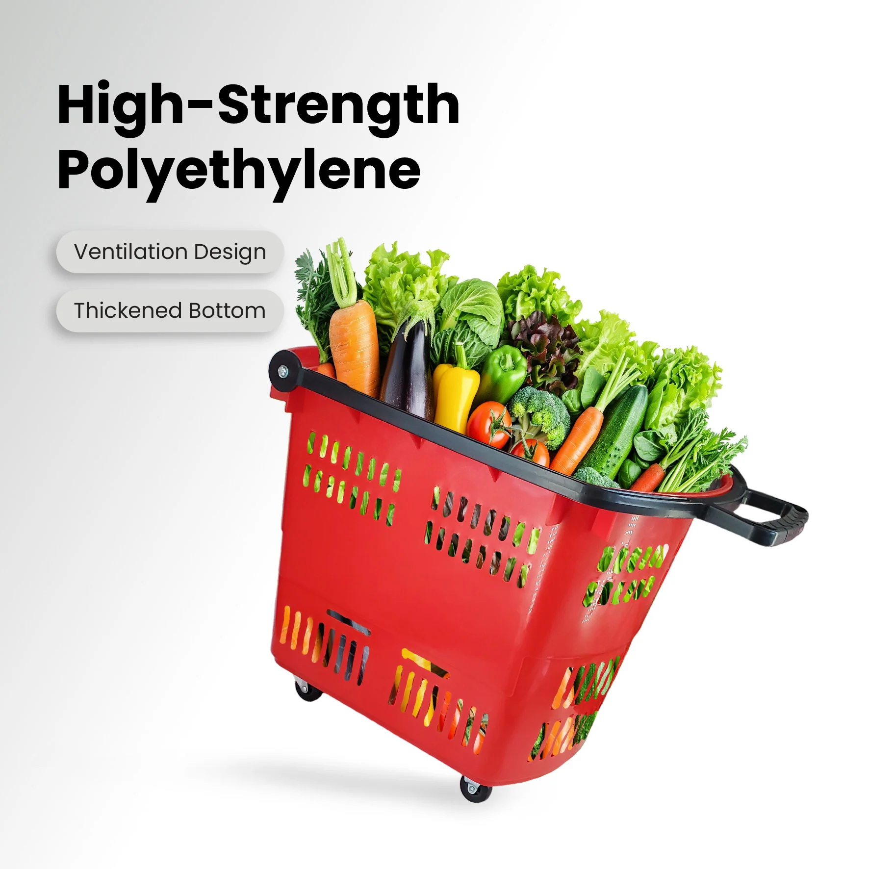 45L Shopping Basket - Handle & Wheels - RED - Image 2