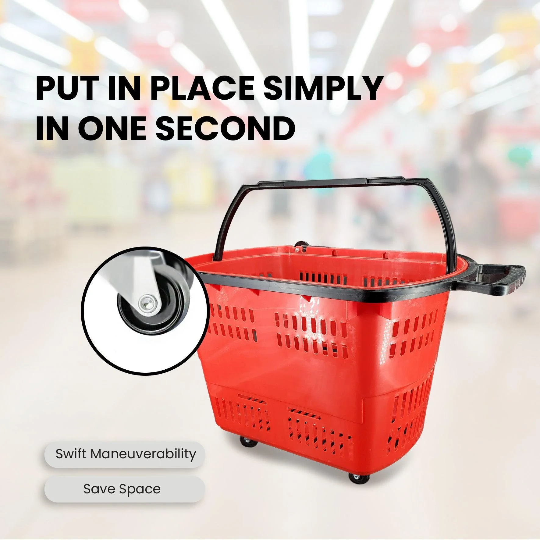 45L Shopping Basket - Handle & Wheels - RED - Image 3