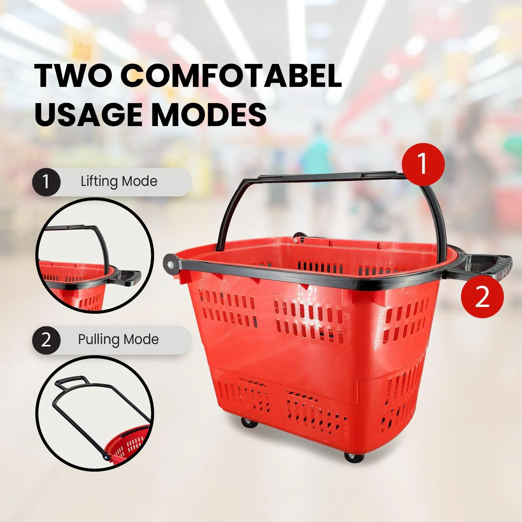 45L Shopping Basket - Handle & Wheels - RED - Image 4