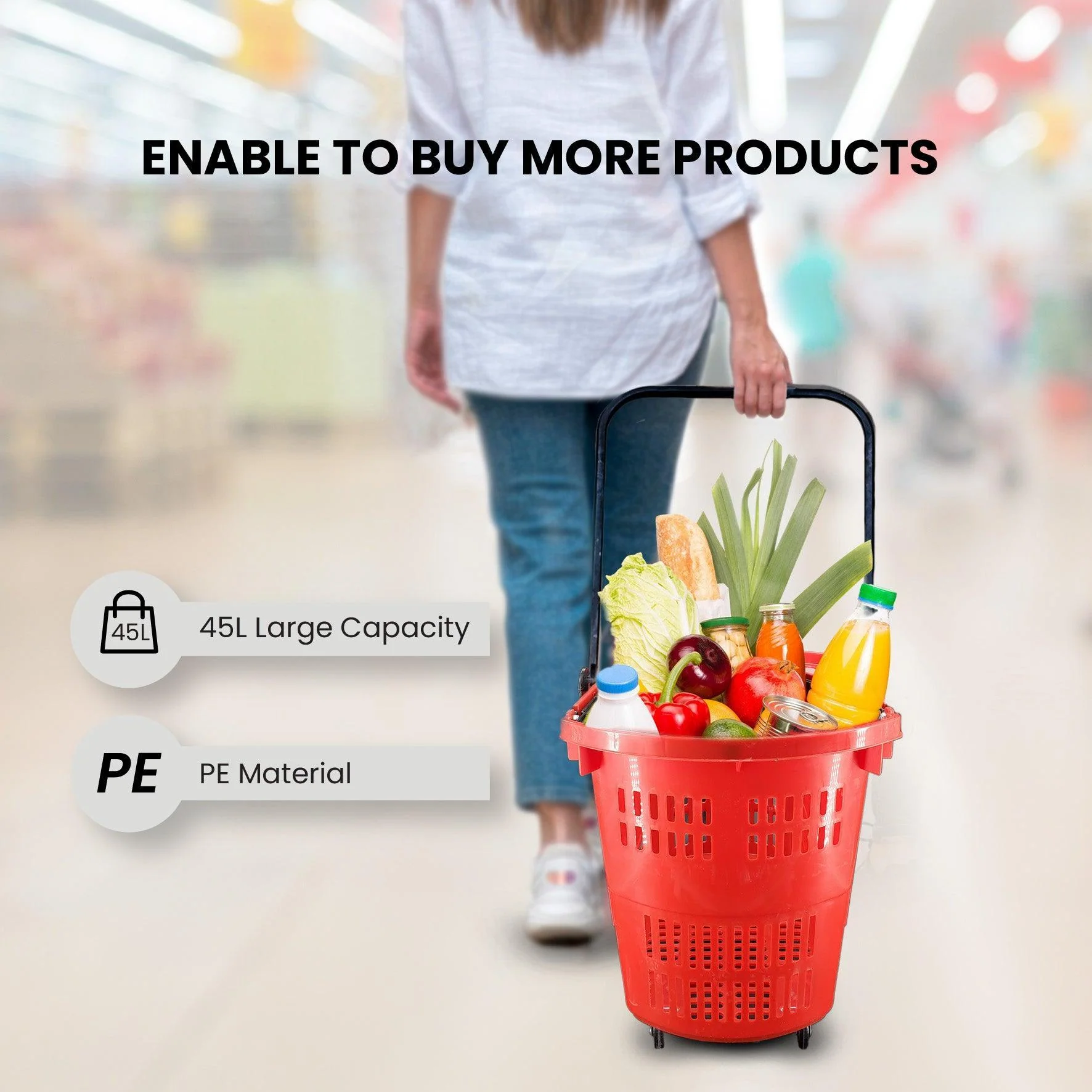 45L Shopping Basket - Handle & Wheels - RED - Image 5