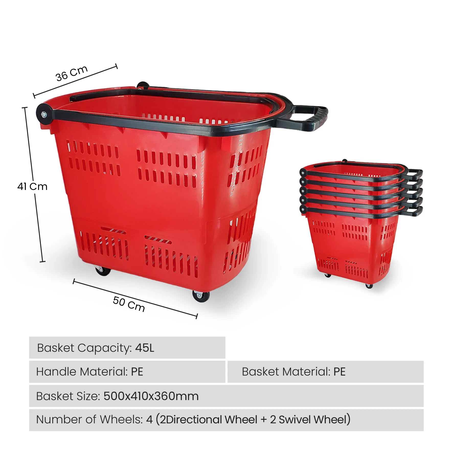 45L Shopping Basket - Handle & Wheels - RED - Image 6