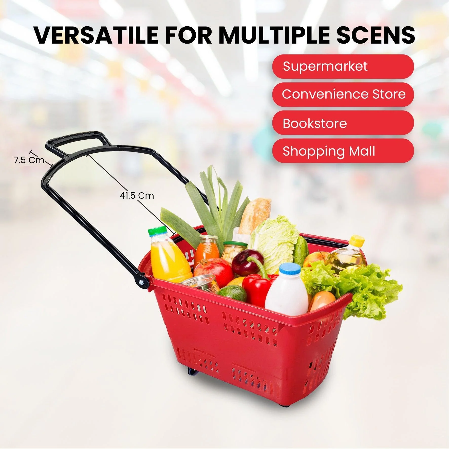 45L Shopping Basket - Handle & Wheels - RED - Image 7