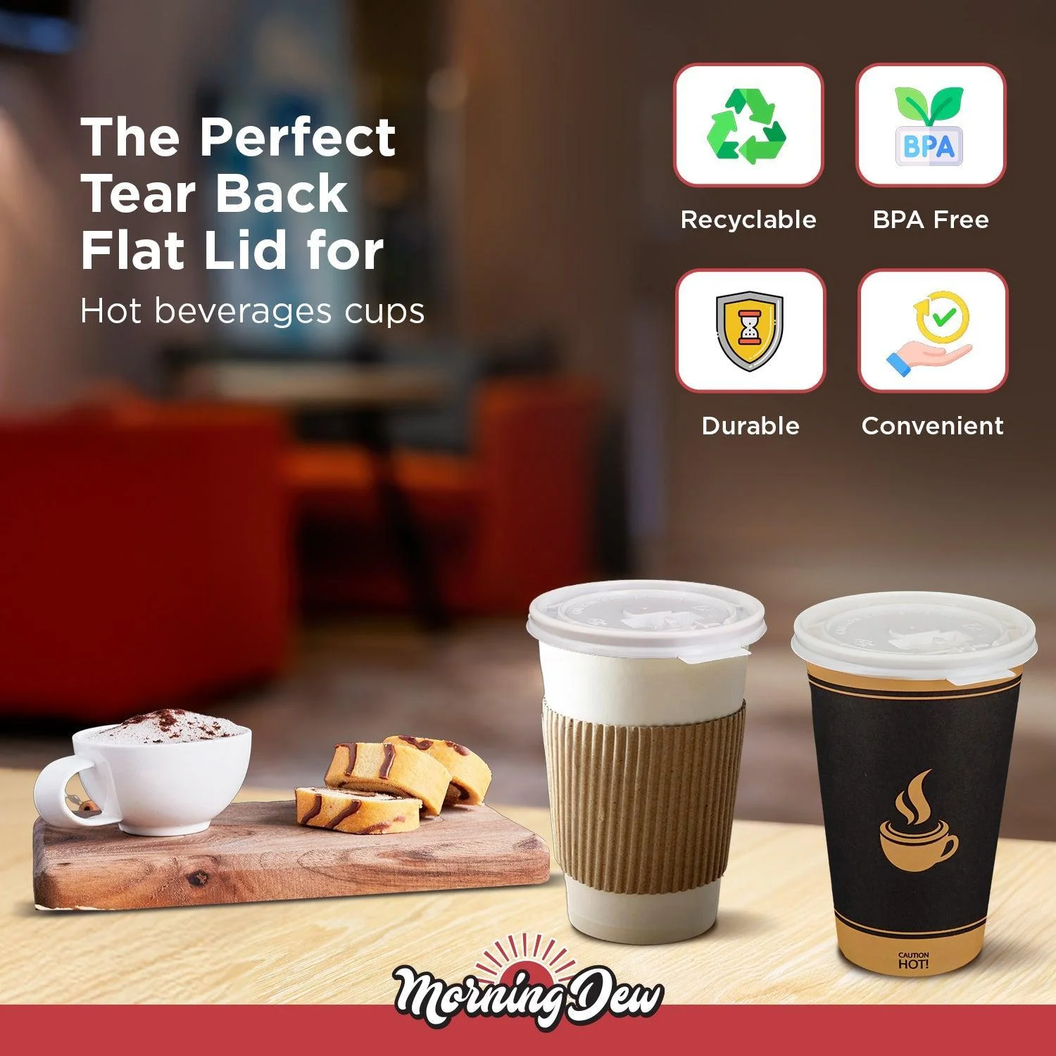 Morning Dew - Tear Back Flat Lid for 10-24 oz Hot Paper Cups - White - 10F-W - Image 7