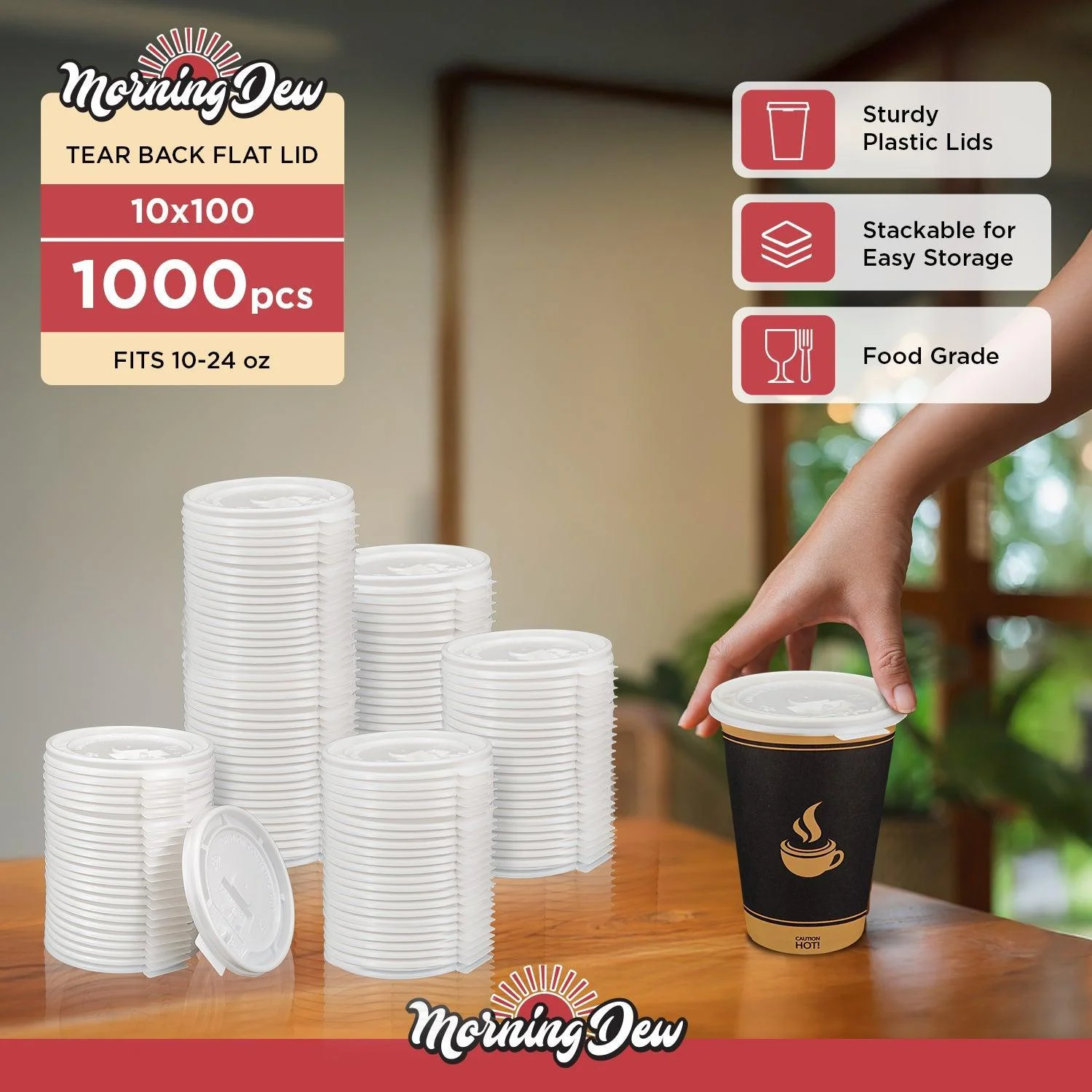 Morning Dew - Tear Back Flat Lid for 10-24 oz Hot Paper Cups - White - 10F-W - Image 9