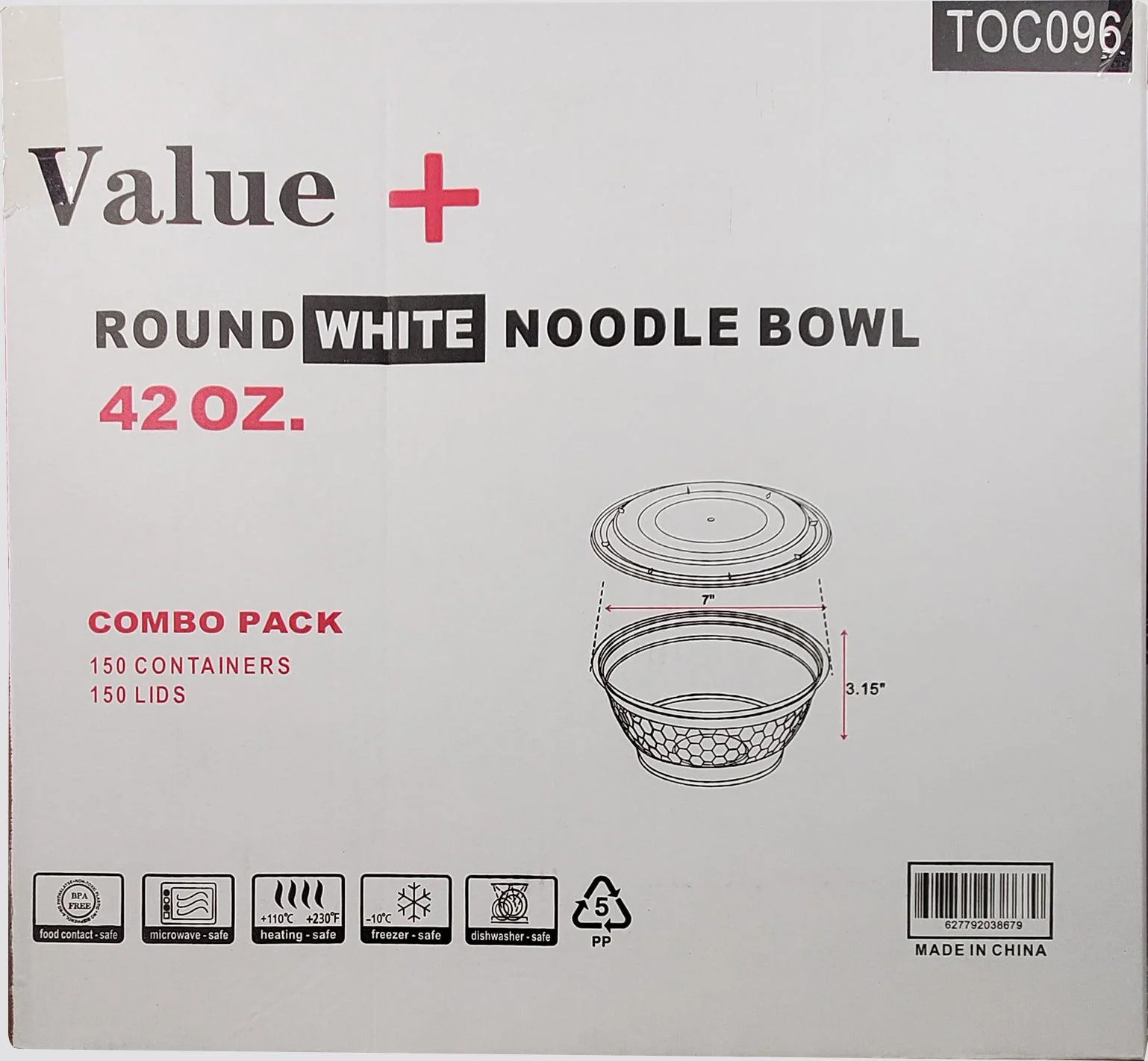 Value+ - 42oz Round Plastic Noodle Bowl - White - Combo - Image 3